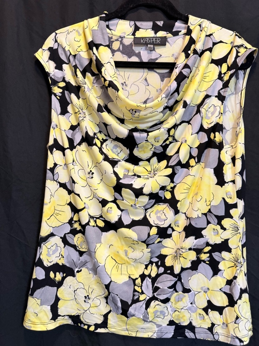 Kasper Black Floral Cowl Neck sleeveless blouse with Yellow Accents
